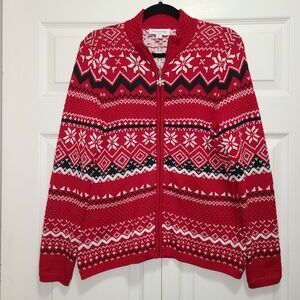 Fair Isle Breckenridge petite Large Full Zip Caridgan Sweater Red‎ White Black